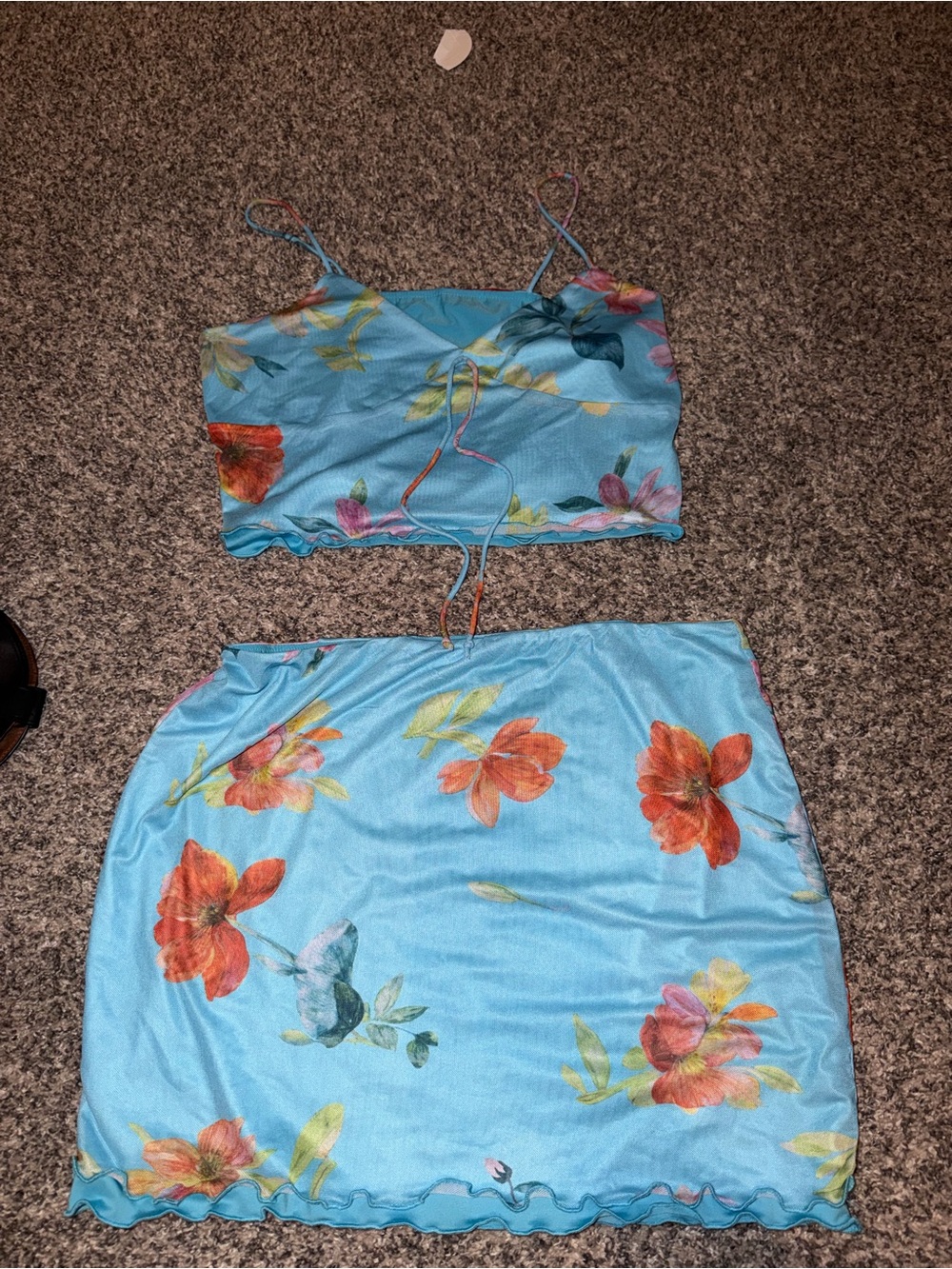 SHEIN Light Blue Floral Mini Skirt Set with Orange Floral Print